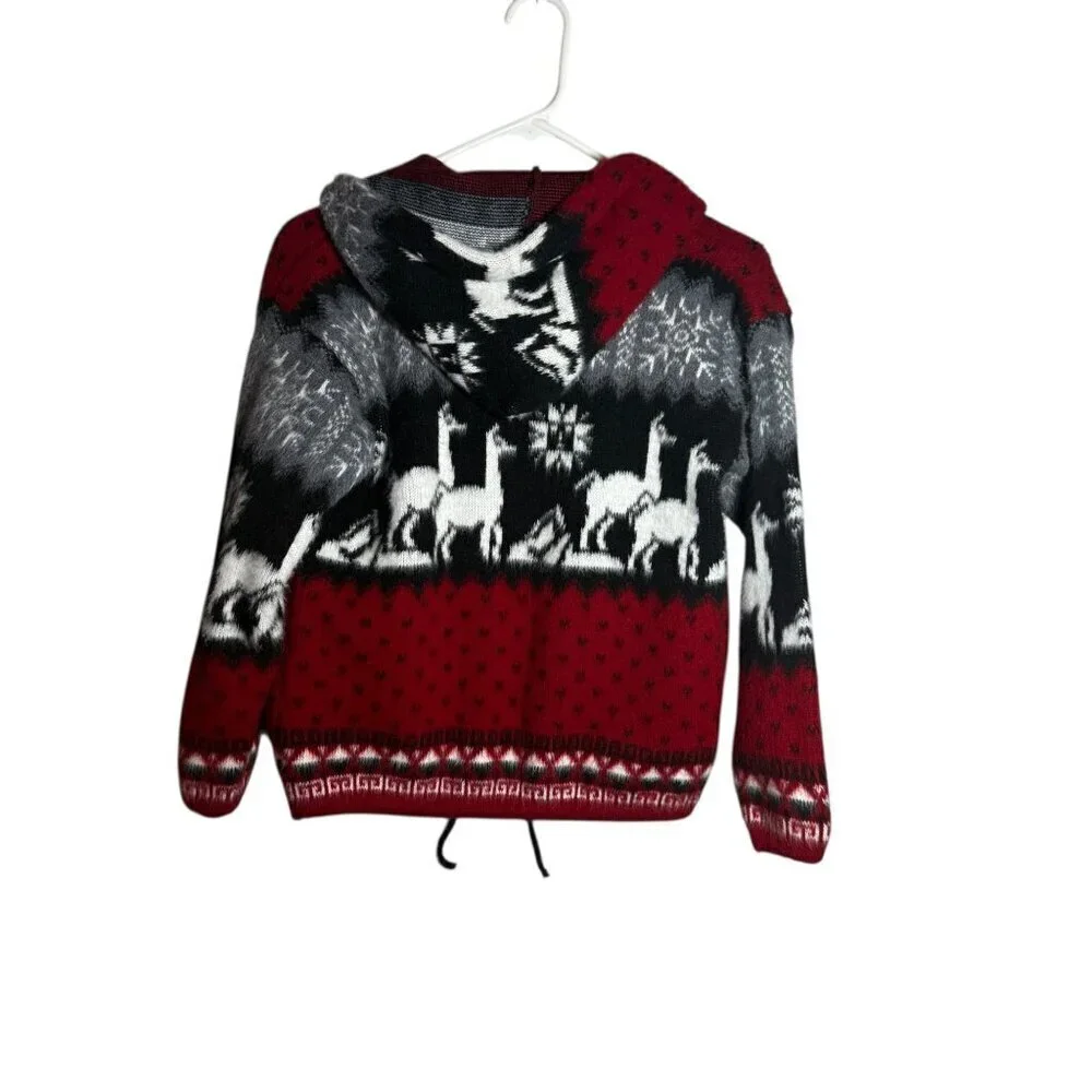 Boys Alpaca Wool Hooded Sweater Jacket Llama Drawstring Hem Red Black size 10